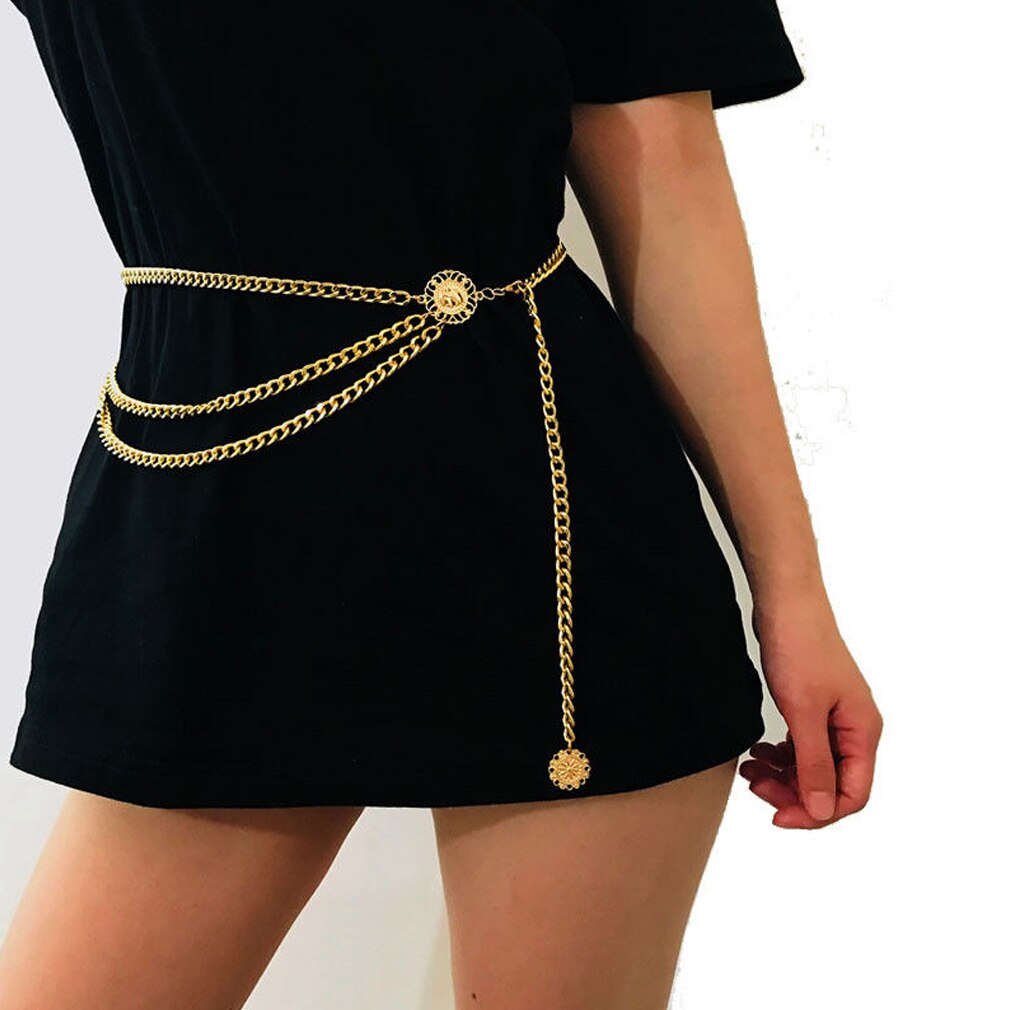 Women Fashion Belt Hip High Waist Gold Narrow Metal Chain Belt Chunky Fringes-0